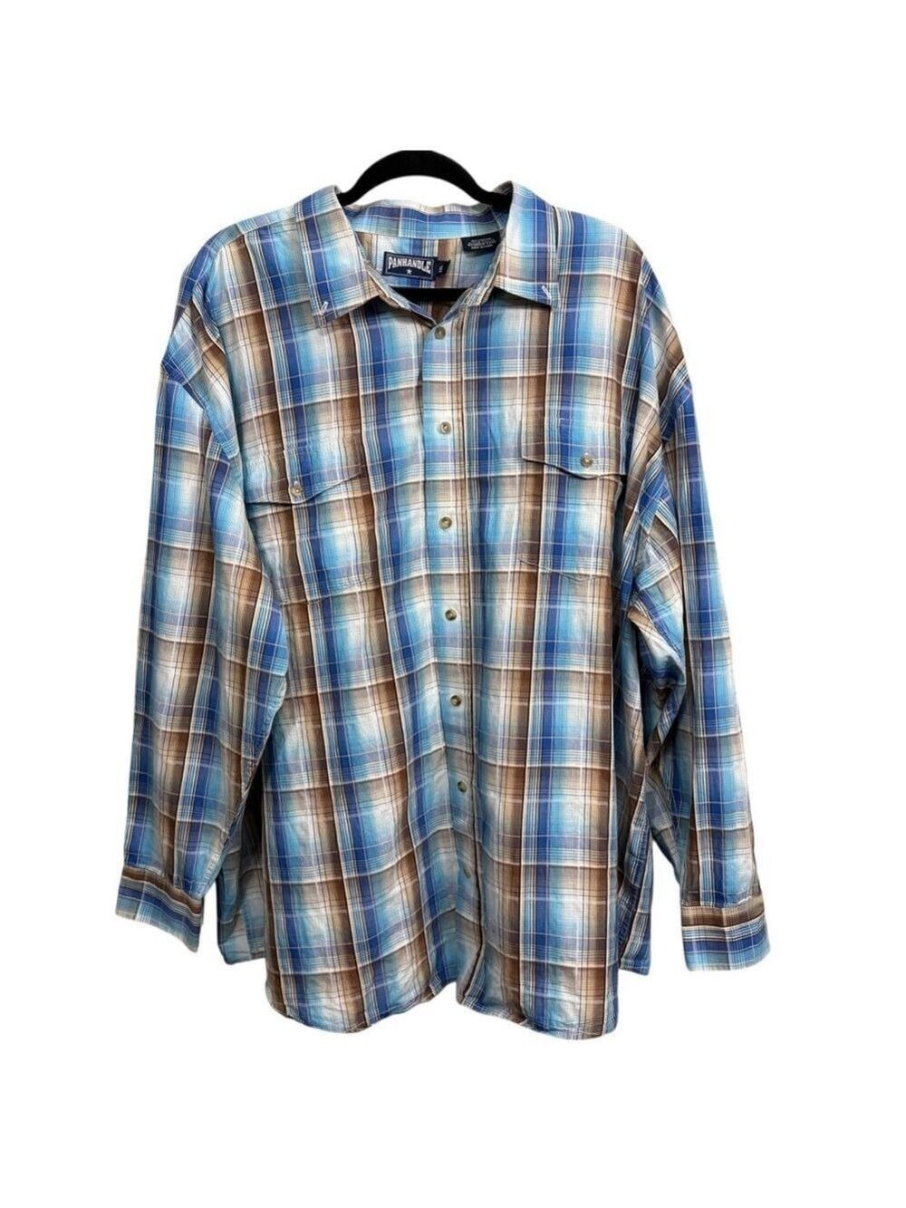 Panhandle‎ Slim Men’s XXL Brown Blue Plaid Cotton Western Shirt